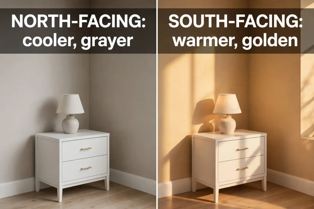 Same tan wall shown in north facing cool light and south facing warm light