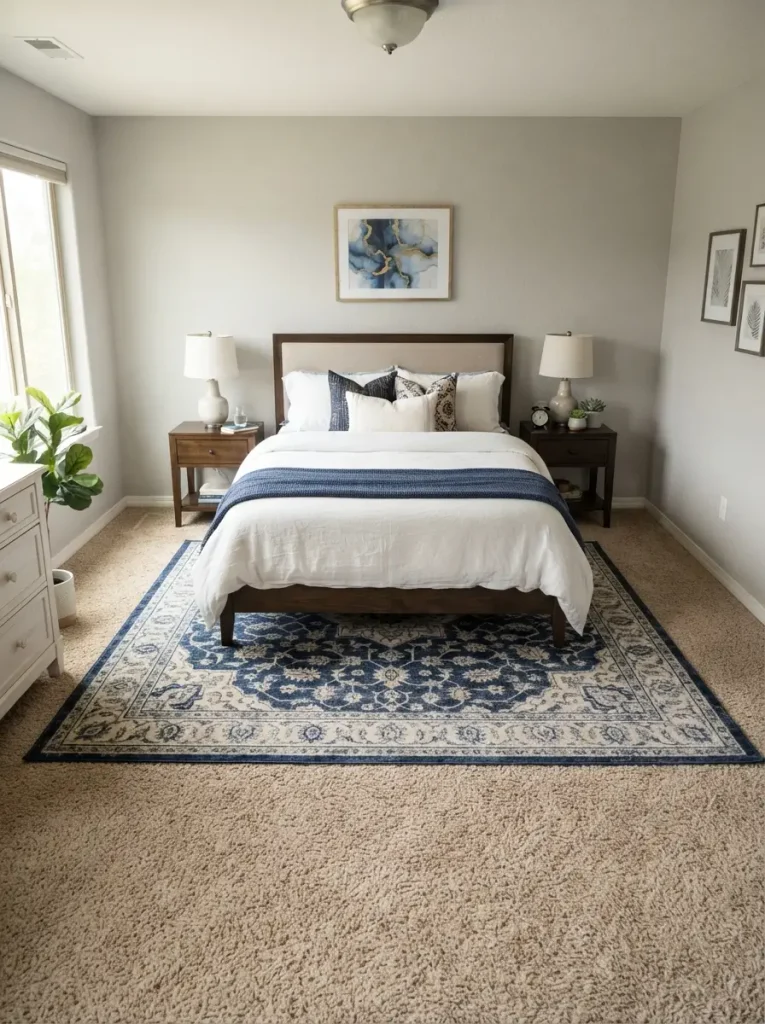 Patterned navy area rug layered over tan carpet in a bedroom