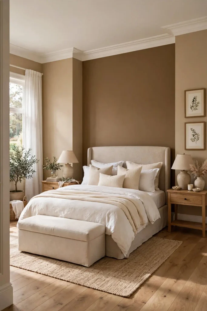 Primary bedroom with a deeper tan accent wall behind an upholstered bed