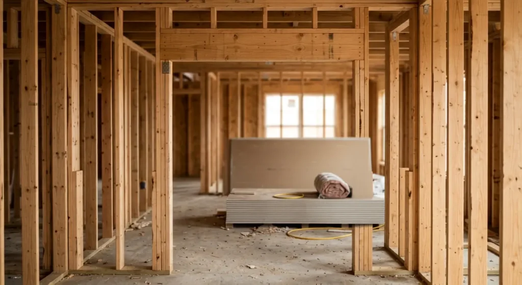 Unfinished wall stud framing showing a rough opening built for a standard interior door