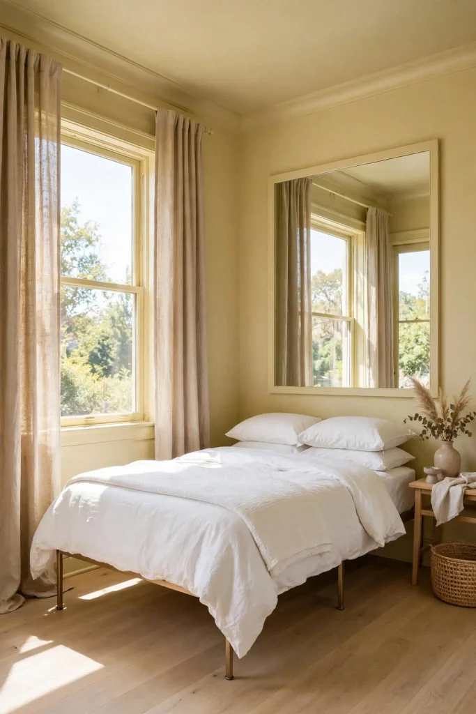 Small bedroom with light tan walls, matching trim, and a large mirror
