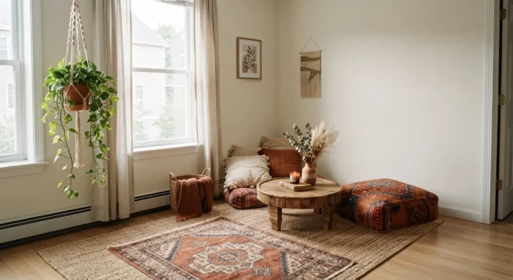 Small boho living room with floor cushions and macrame plant hanger