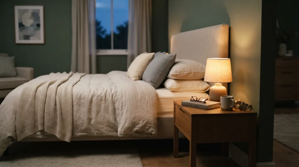 Bedroom nightstand with warm smart lighting and hidden charging setup
