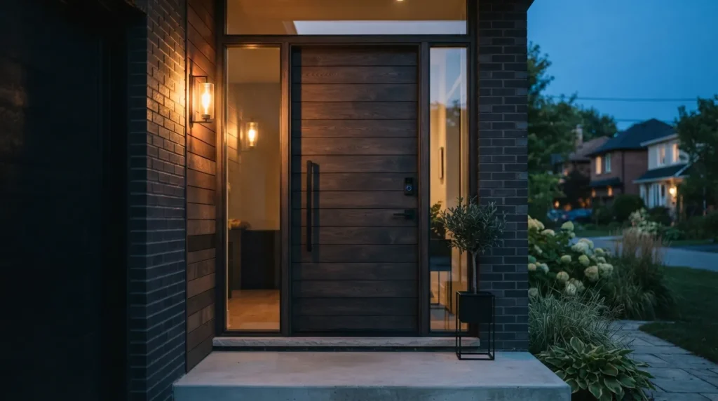 Smart doorbell camera and lock mounted at a home entryway for security
