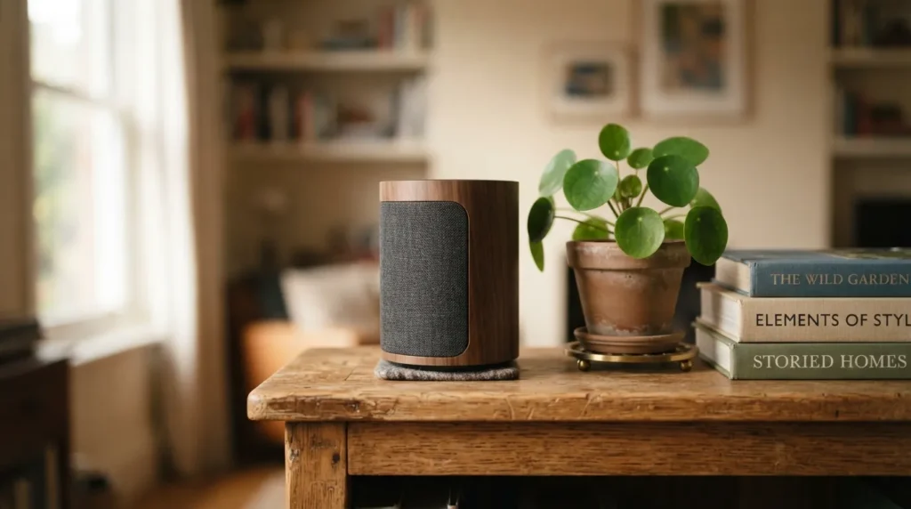 Smart speaker styled with a plant and books in a decorative vignette
