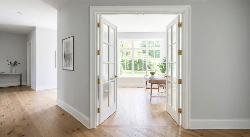 Swing style interior French doors fully open between a hallway and home office