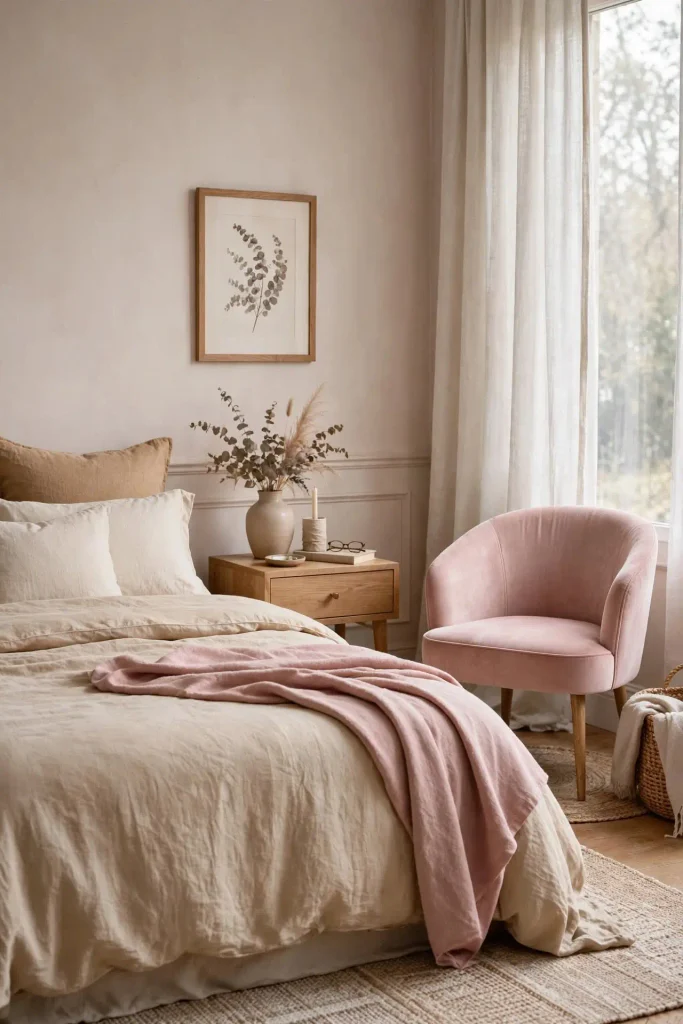 Blush velvet chair beside a bed with tan and cream bedding