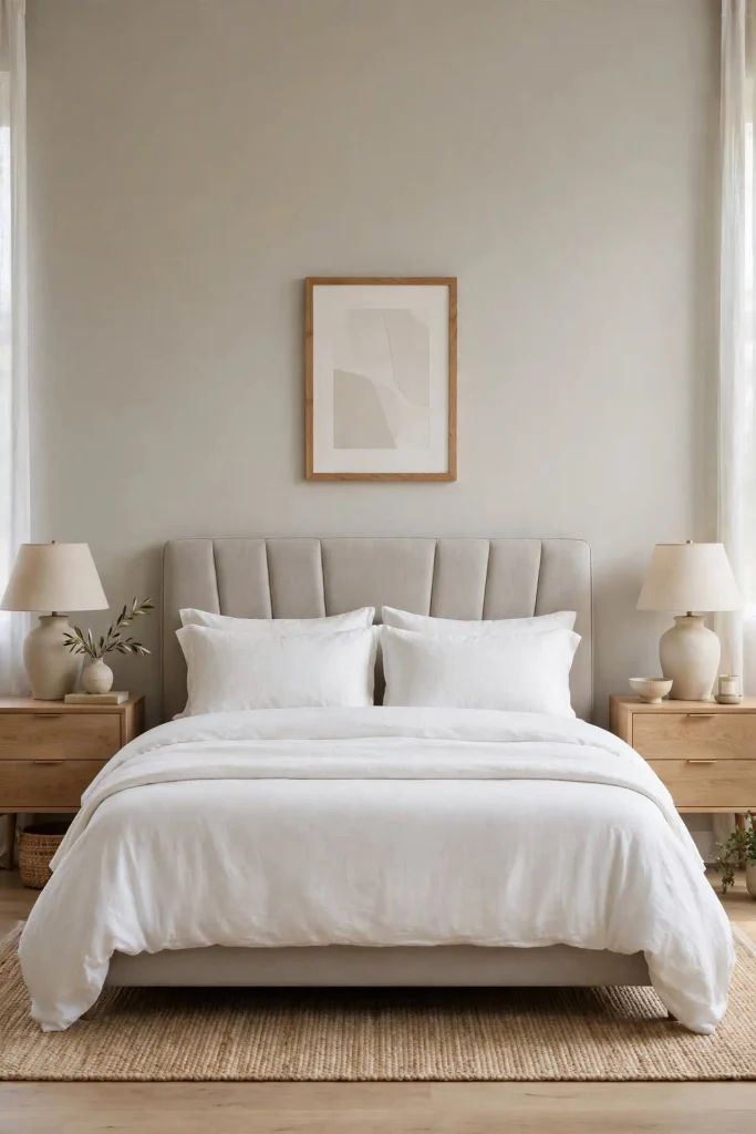 Dark brown Silhouette accent wall behind a bed with cream bedding