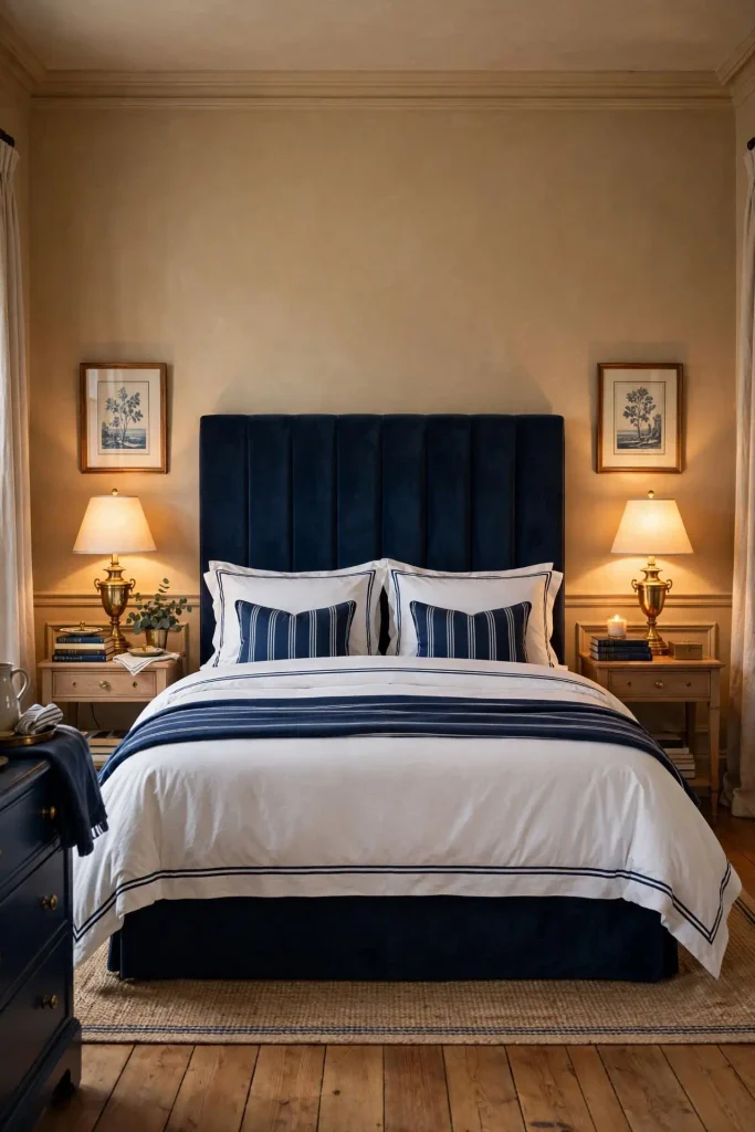 Navy velvet headboard with brass lamps on Kilim Beige walls