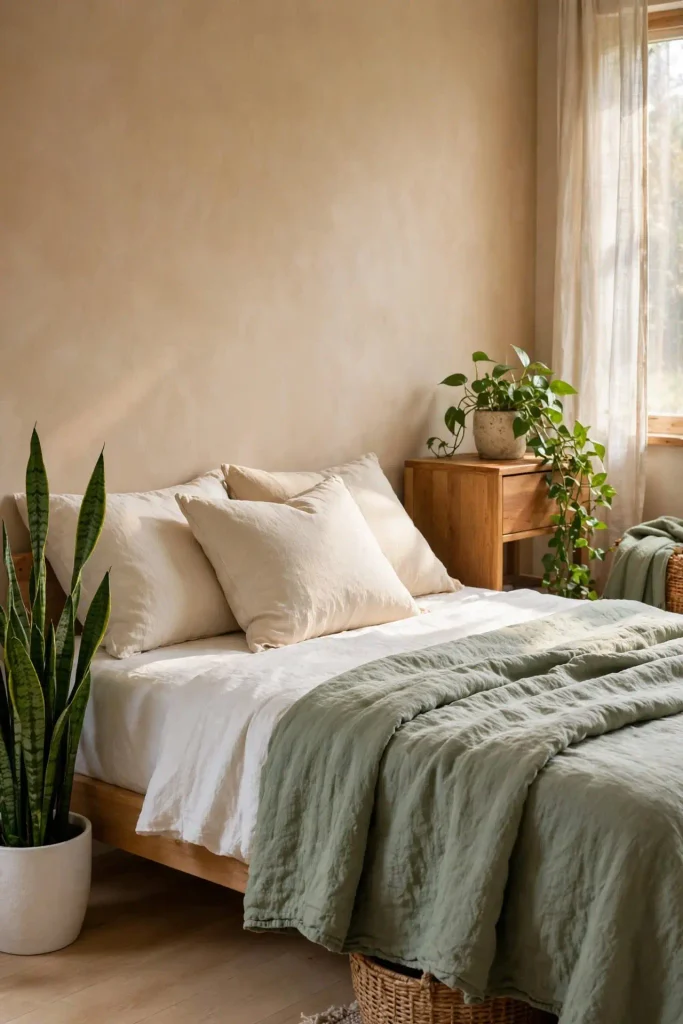 Sage green quilt and houseplants against warm tan walls