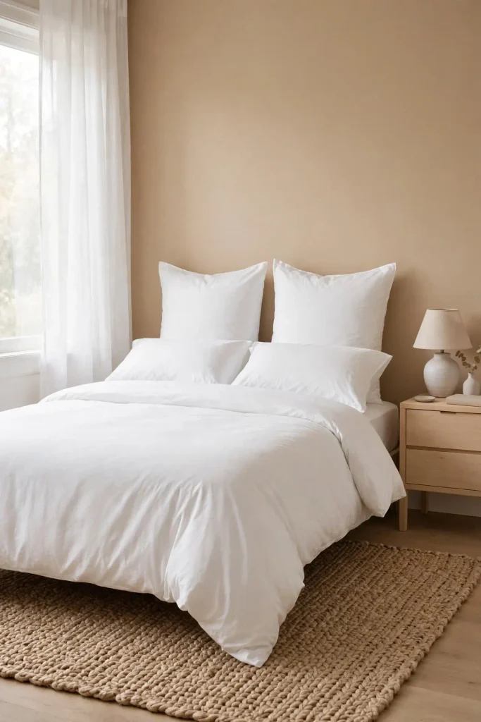Tan and white bedroom with crisp white bedding against warm tan walls