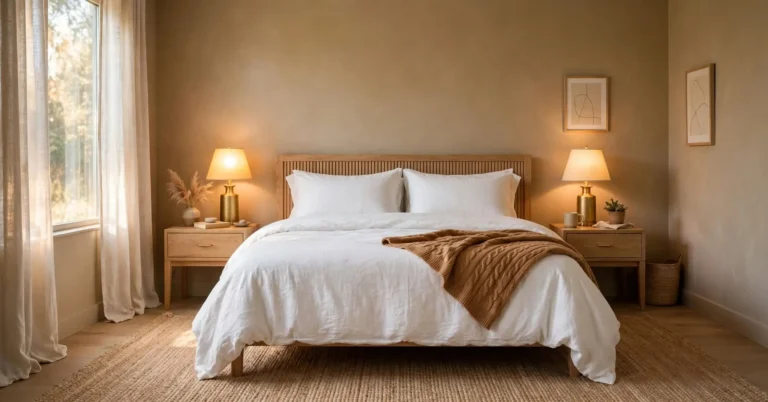 Warm tan bedroom with white bedding, a jute rug, and brass bedside lamps