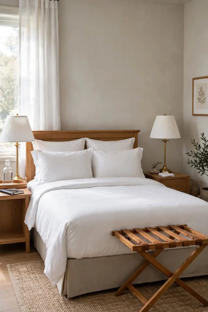 Guest room with tan walls, white sheets, and a folding luggage rack