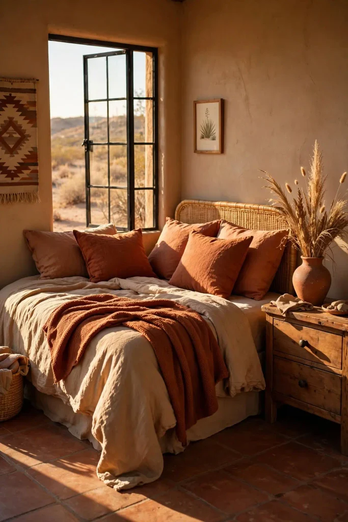 Rust and terracotta pillows on tan linen bedding