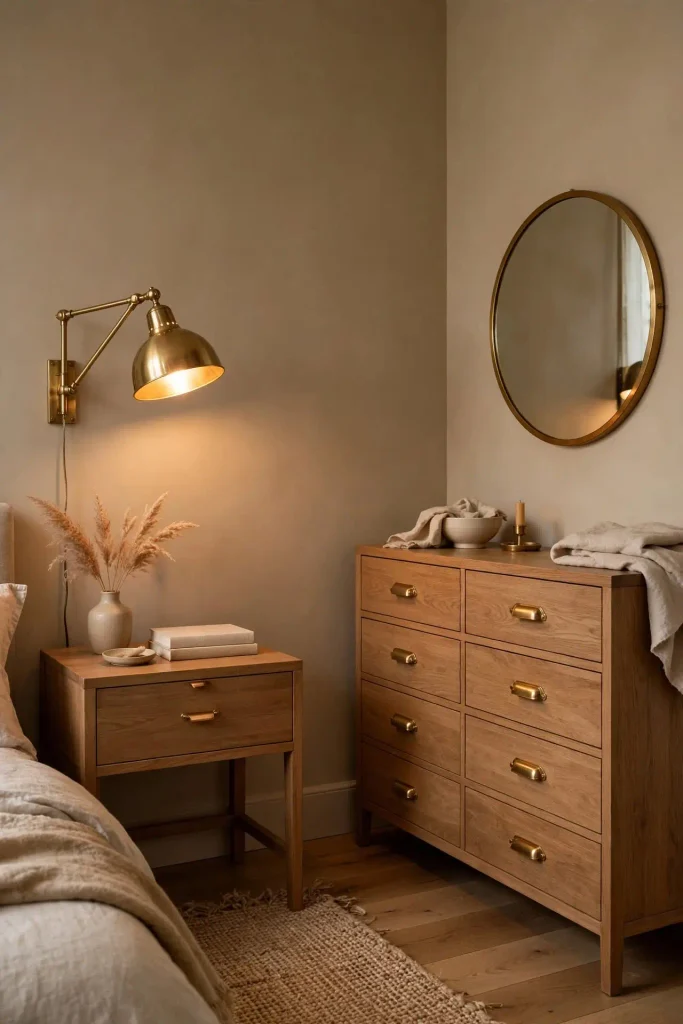 Brass swing arm lamp and round gold mirror on Universal Khaki walls