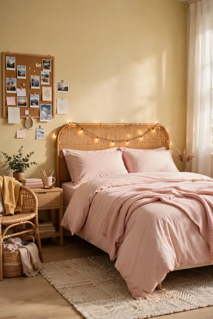 Teen room with blush bedding, string lights, and tan walls
