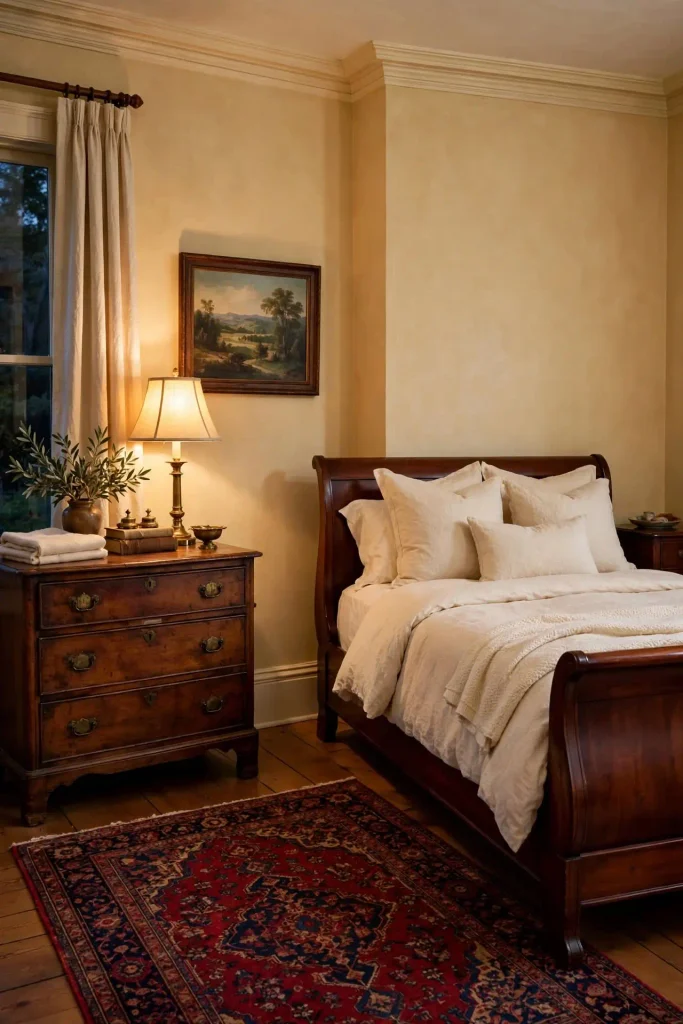 Traditional bedroom with a cherry sleigh bed and Persian rug on tan walls