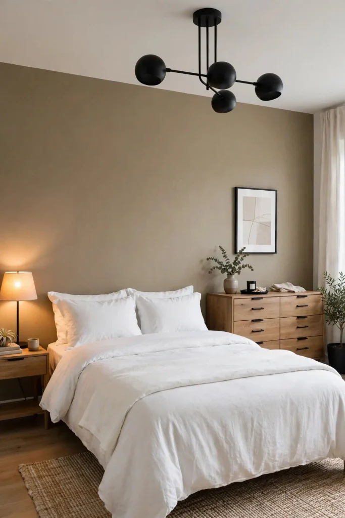 Updated bedroom with Universal Khaki walls and matte black hardware