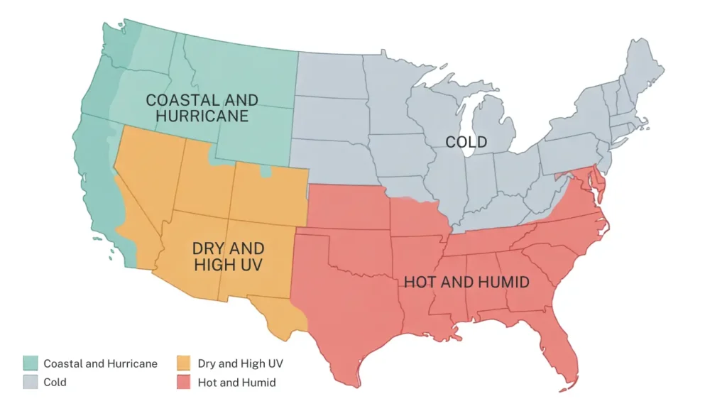 United States map showing climate zones for choosing vinyl or aluminum windows