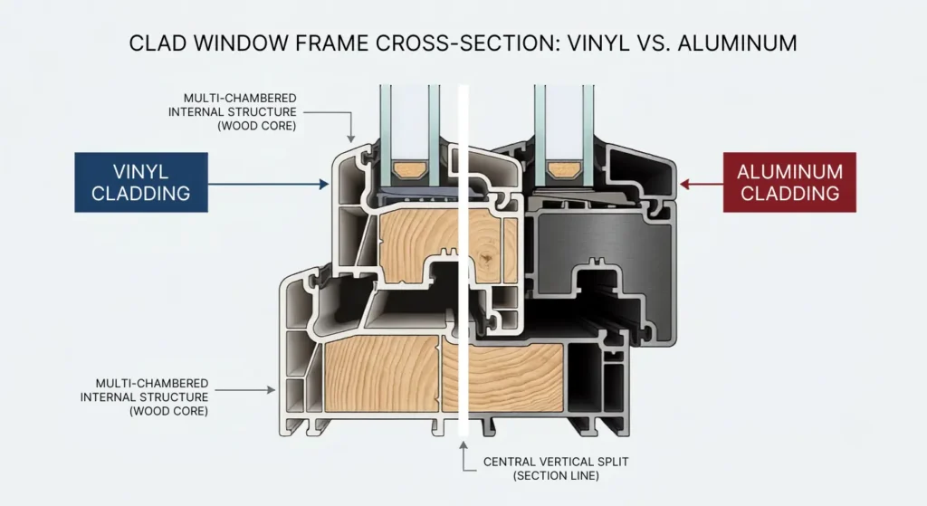 Cross section diagram showing wood core windows with vinyl cladding versus aluminum cladding