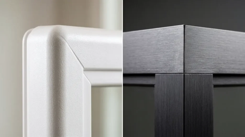 Close up of vinyl PVC frame texture next to extruded aluminum frame finish