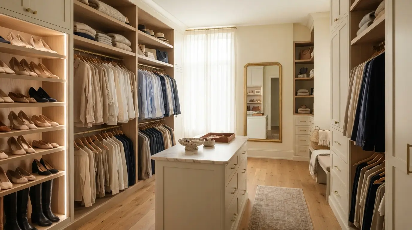 A bright organized walk-in closet with hanging clothes, shelves, and an island