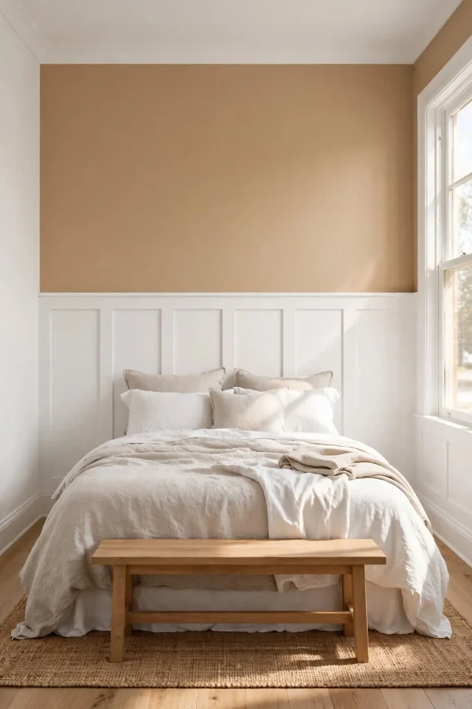White board and batten wall below Kilim Beige tan paint