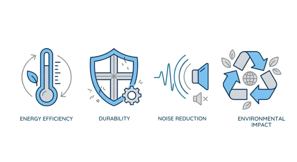 Icons representing energy efficiency, durability, noise reduction, and recyclability for window materials