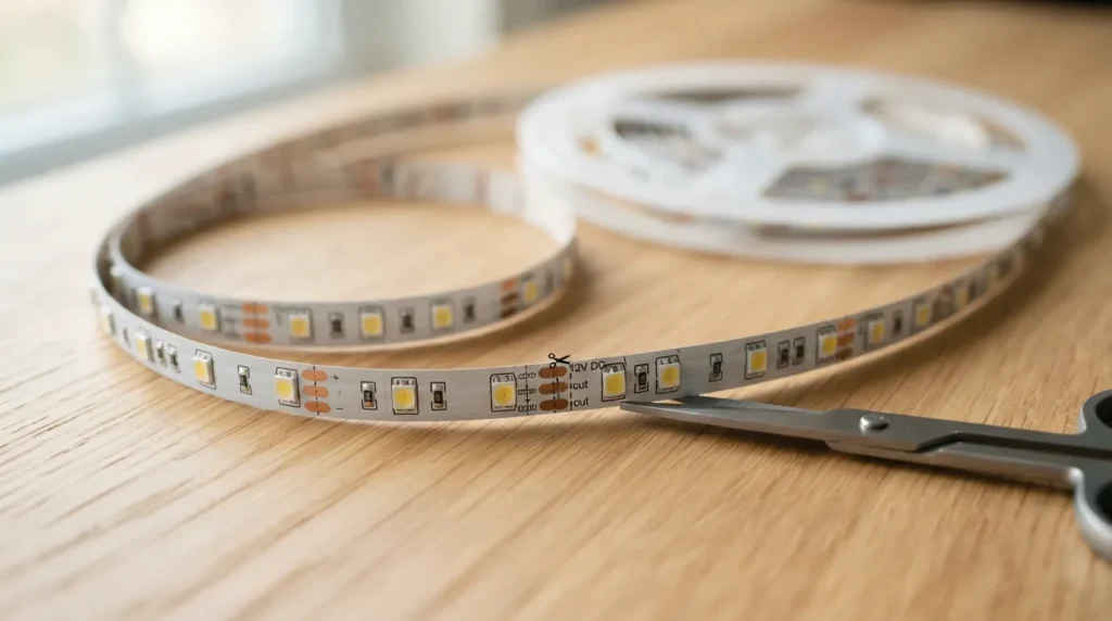 A coiled LED strip light spool on a wooden desk with visible individual diodes and cut marks along the tape
