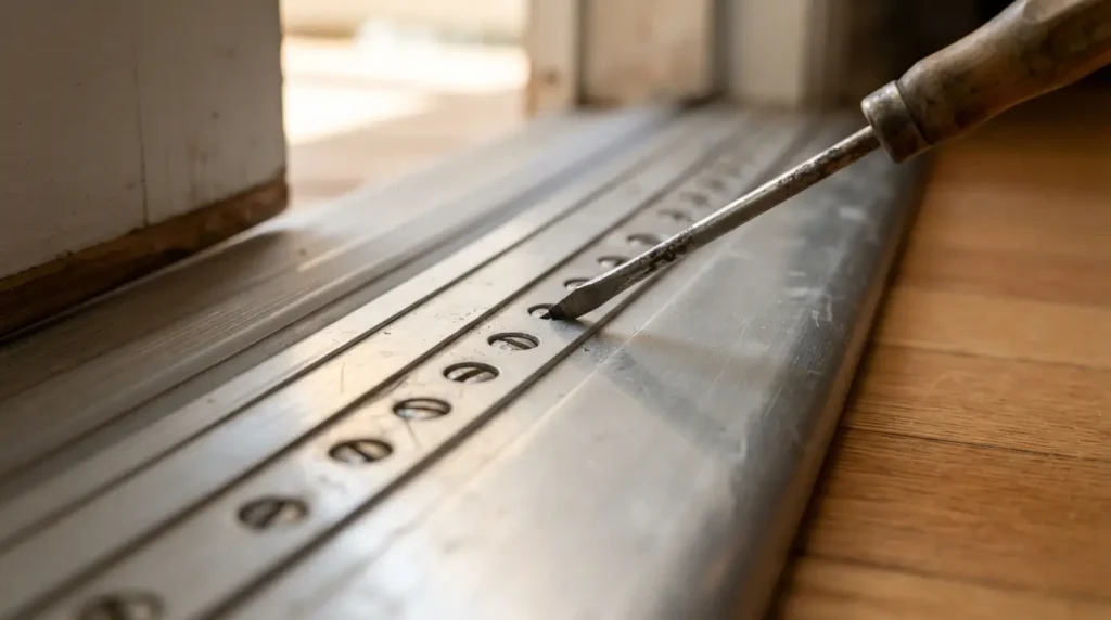 Close-up of an adjustable door threshold with a row of adjustment screws along the cap
