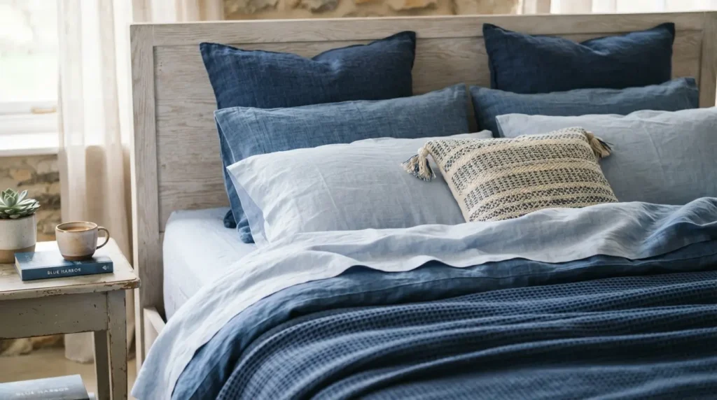 Bed layered with multiple shades of blue monochrome bedding