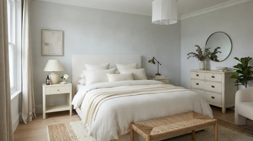 All white bedroom using layered shades of white for depth
