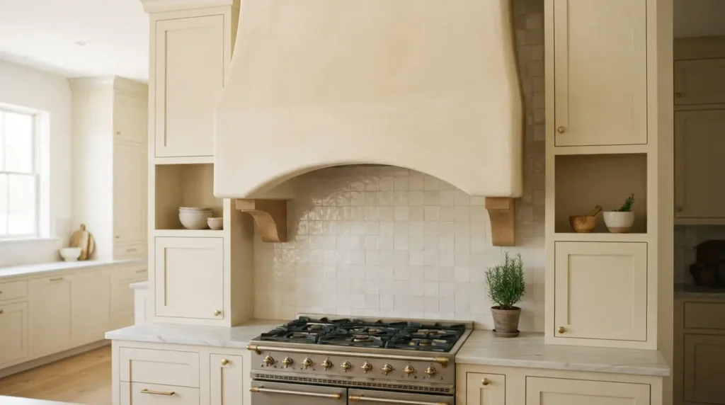 Farmhouse range hood with a gentle arch and simple wood corbels