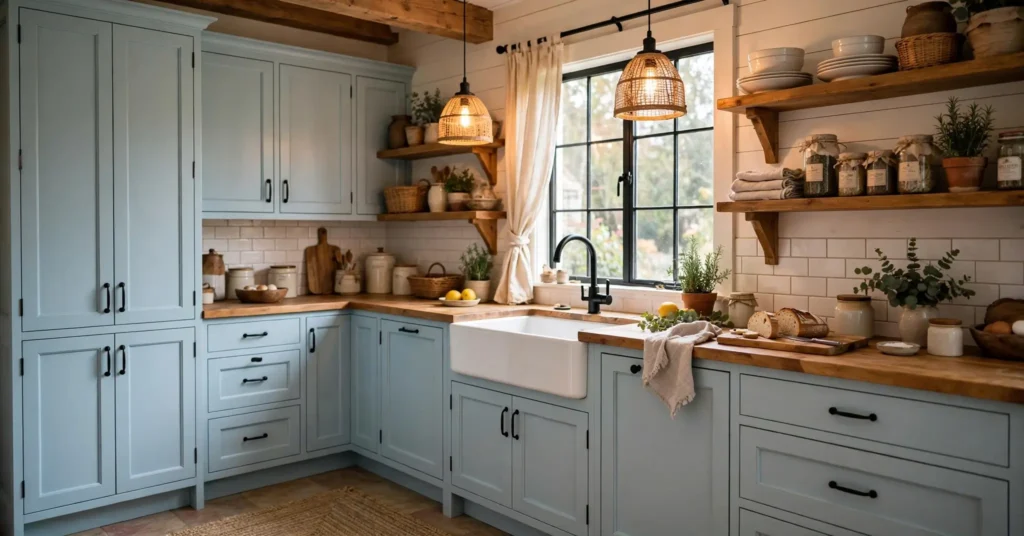 Baby blue kitchen cabinets in warm pastel tone with farmhouse sink
