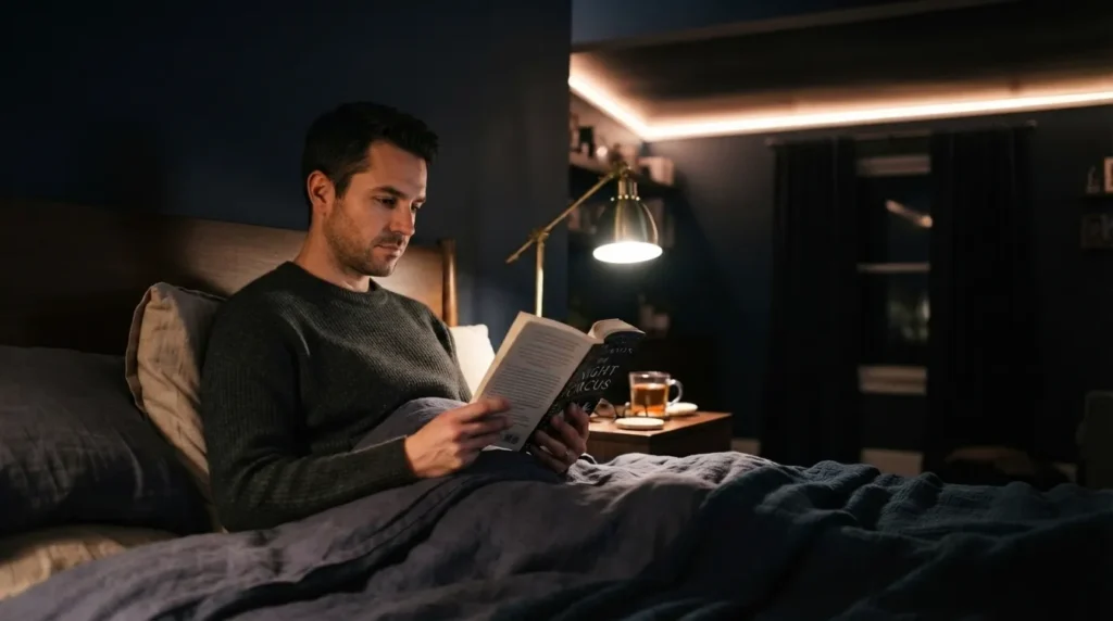 A bright focused reading lamp beside a bed, with a dim warm LED strip glowing faintly along the ceiling edge in the background
