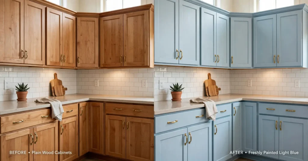 Before and after comparison of kitchen cabinets painted light blue

