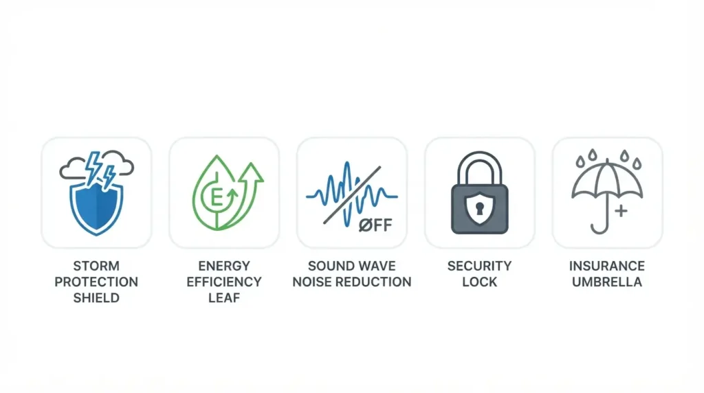 Icons showing storm protection, energy efficiency, noise reduction, security and insurance benefits of impact windows
