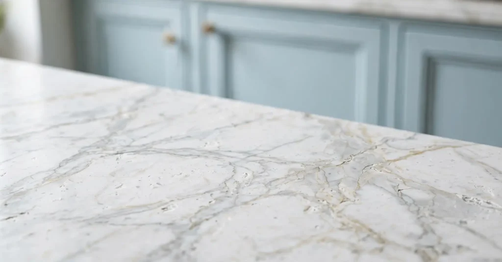 White marble countertop paired with light blue kitchen cabinets
