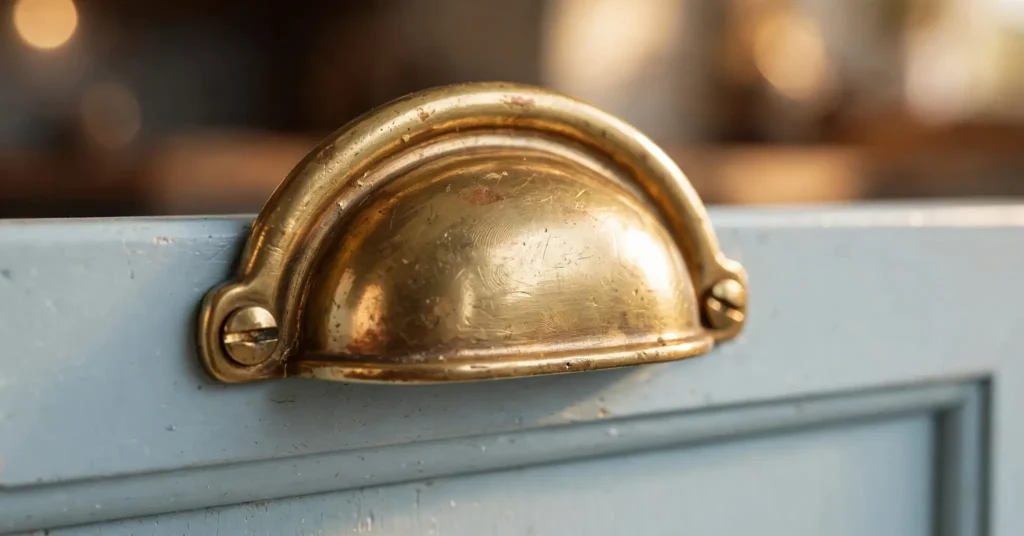  Brass cabinet hardware on light blue kitchen cabinet door
