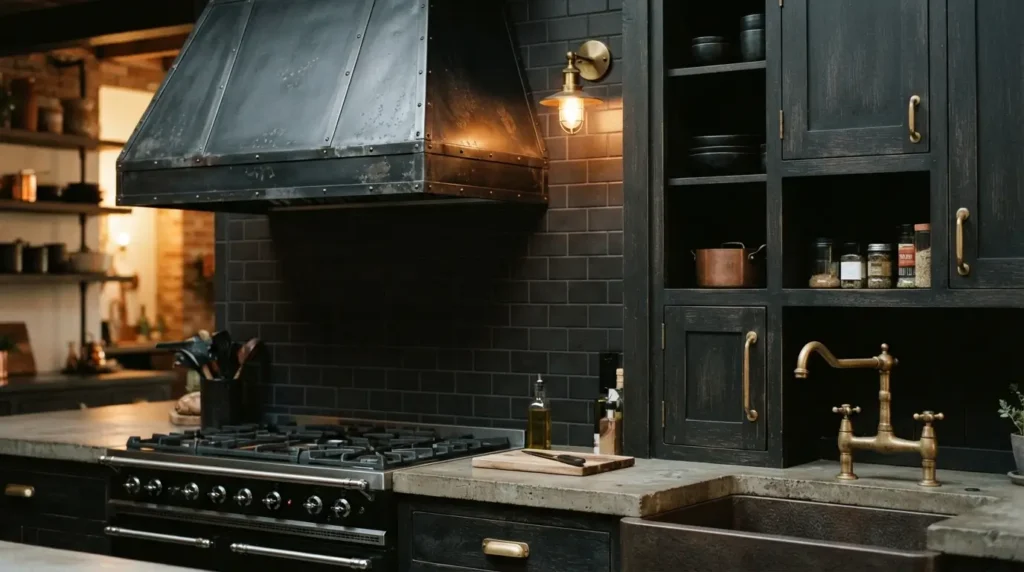 Industrial kitchen with a black matte range hood and brass fixture accents
