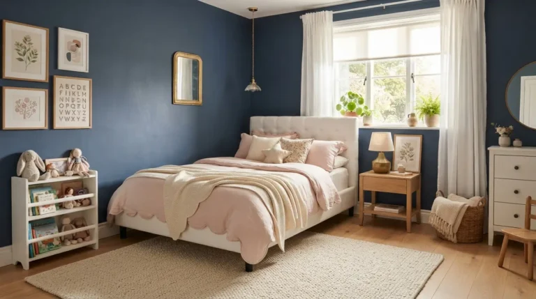 Blue bedroom ideas for a girl with navy walls, blush bedding, and gold accents