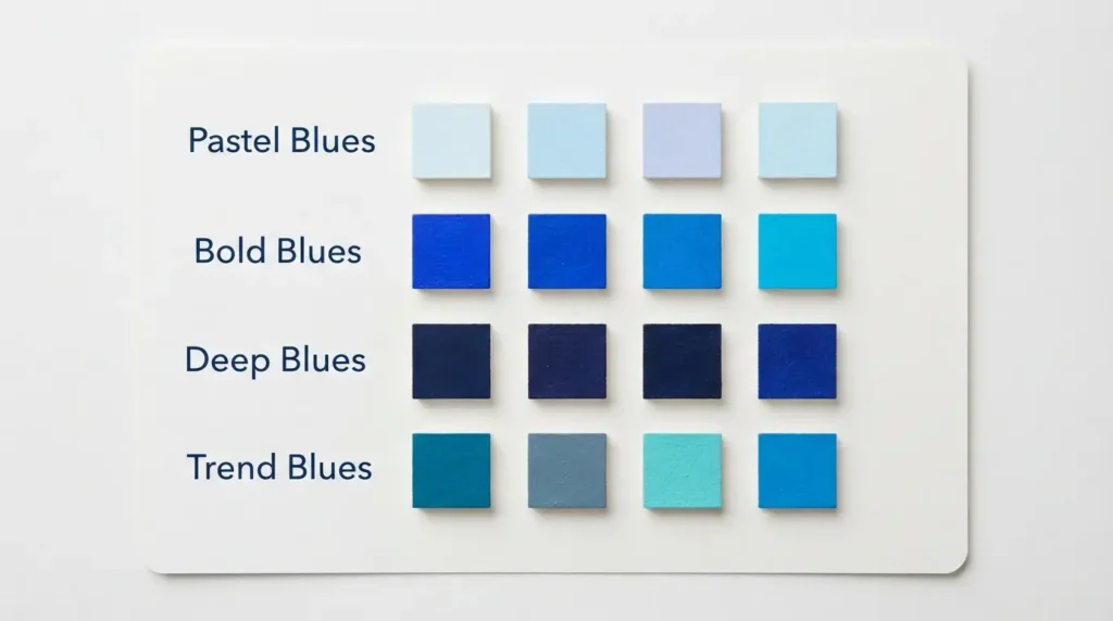 Chart of blue paint shades from pastel to navy for a girl's bedroom
