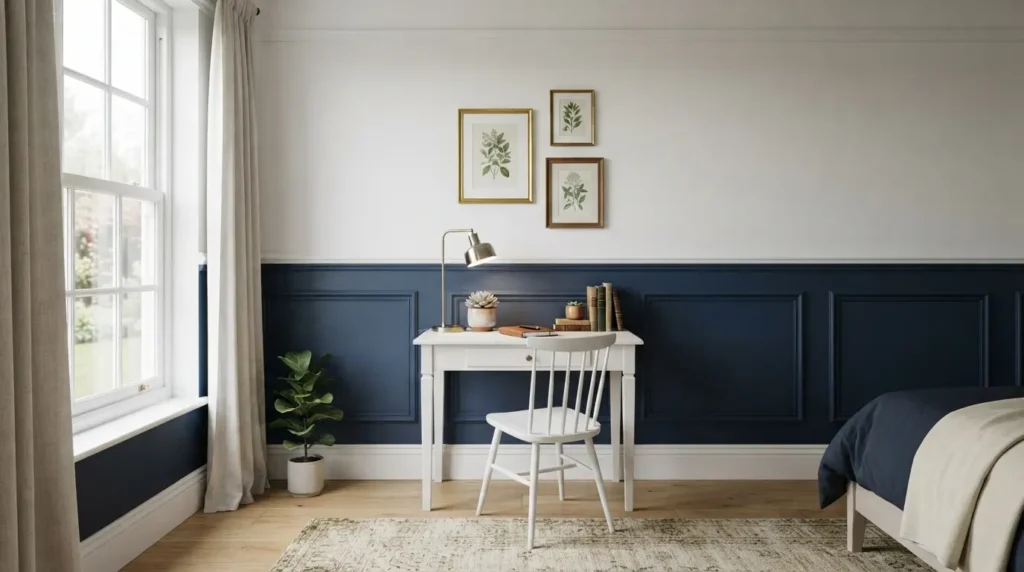 Blue painted wainscoting trim in a girl's bedroom
