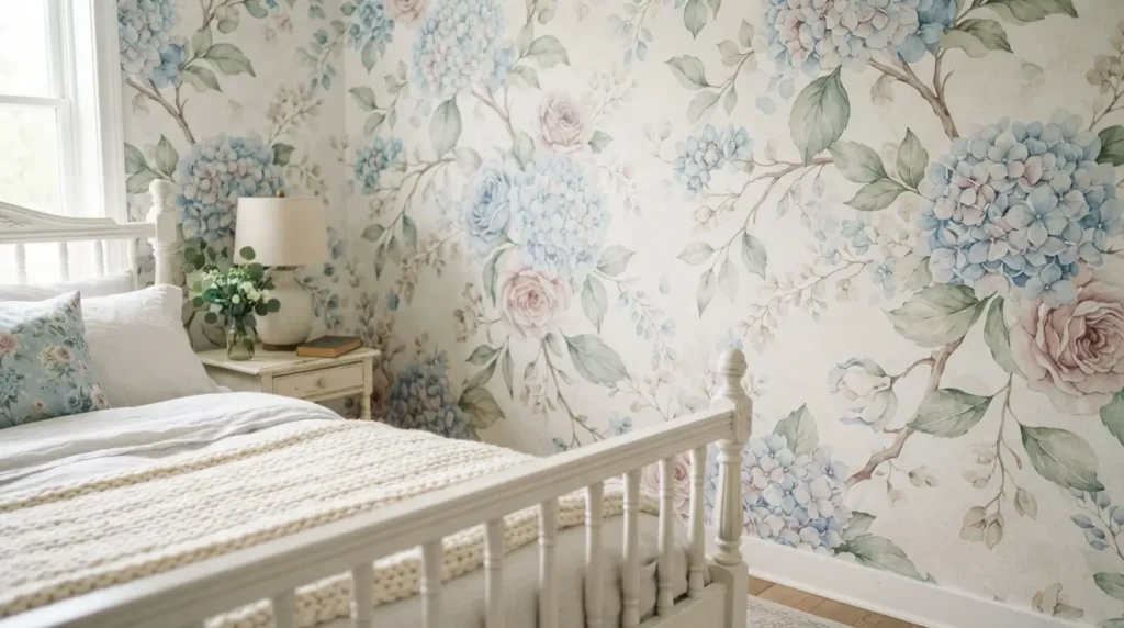 Blue floral wallpaper accent wall in a girl's bedroom
