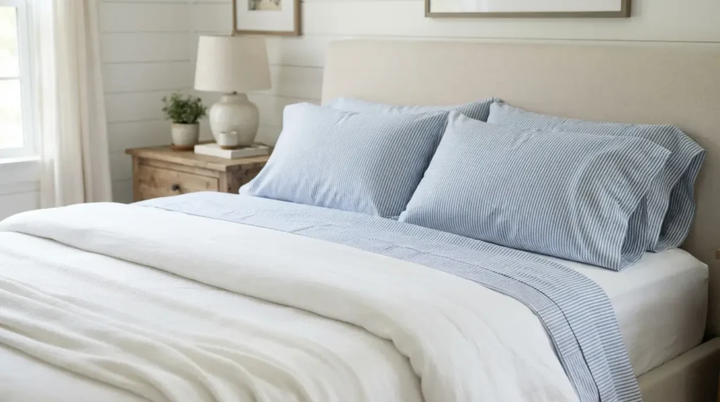 Bed styled with classic blue and white ticking stripe linens