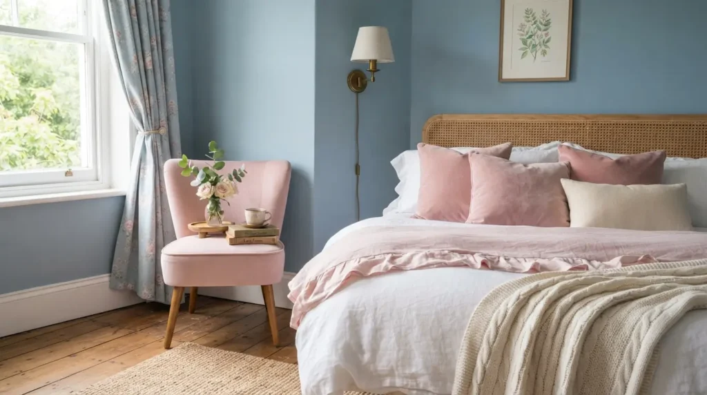 Blue and blush pink color pairing in a girl's bedroom
