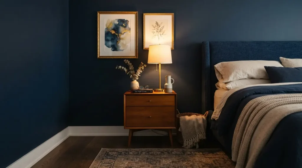 Navy blue wall with gold lamp and gold frame accents