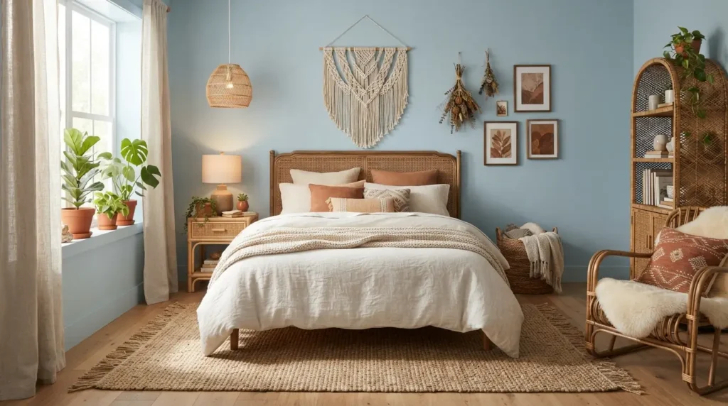 Boho style blue bedroom with rattan and woven textures