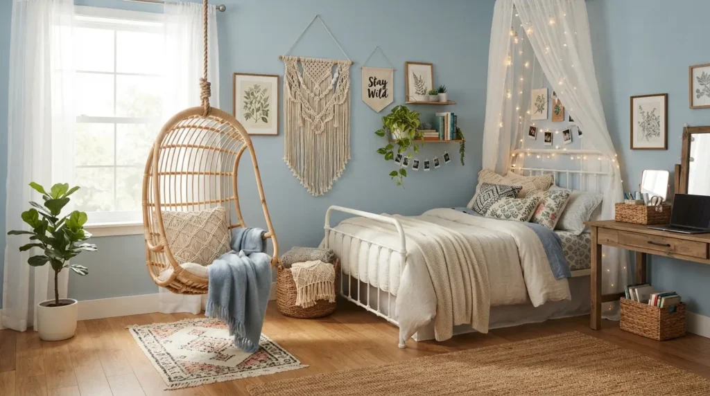  Boho blue tween bedroom with macrame wall hanging and rattan chair
