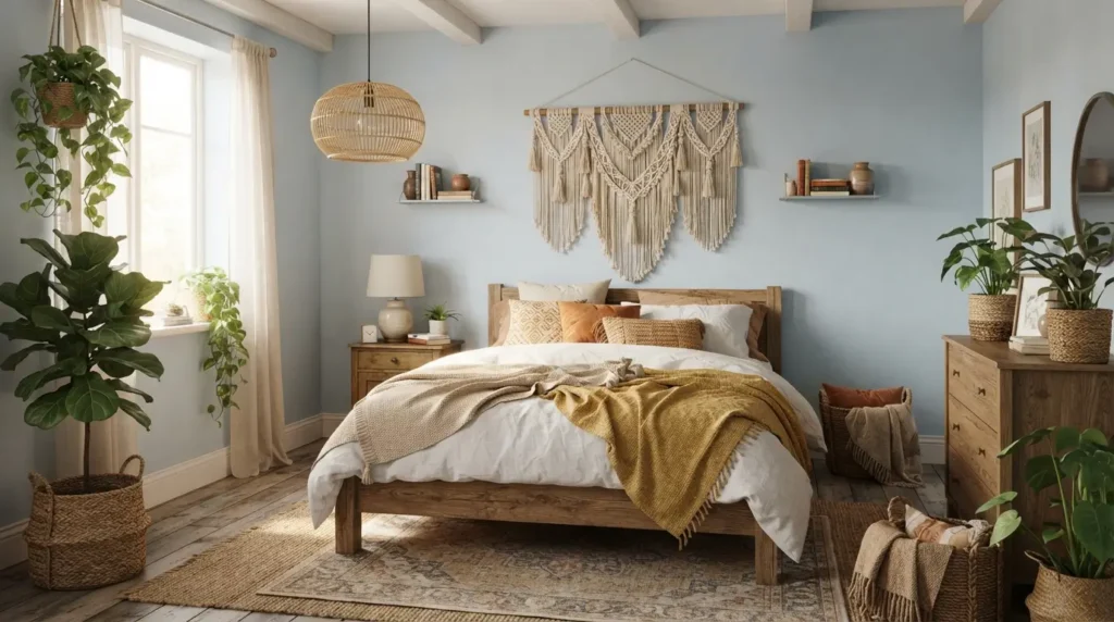 Boho style light blue bedroom with macrame and rattan decor